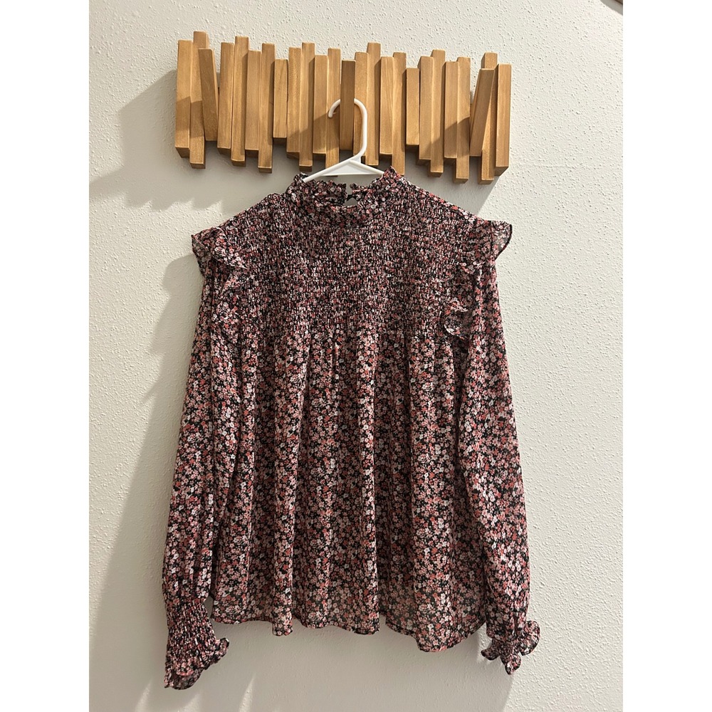 Fabrik Women's Floral Smocked Mock‎ Neck Ruffle Long Sleeve Blouse S